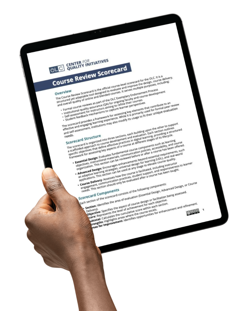 An accent image depicting a hand holding up a tablet displaying the front page of the Course Review Scorecard.